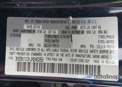 2018 Mazda Mazda3 Touring z USA, uszkodzony, nr VIN 3MZBN1V3XJM246259